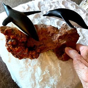 JOHN PERRY Art Penguins on burl wood,Home art decor Vintage 9”L x 5 1/2” BUY NOW